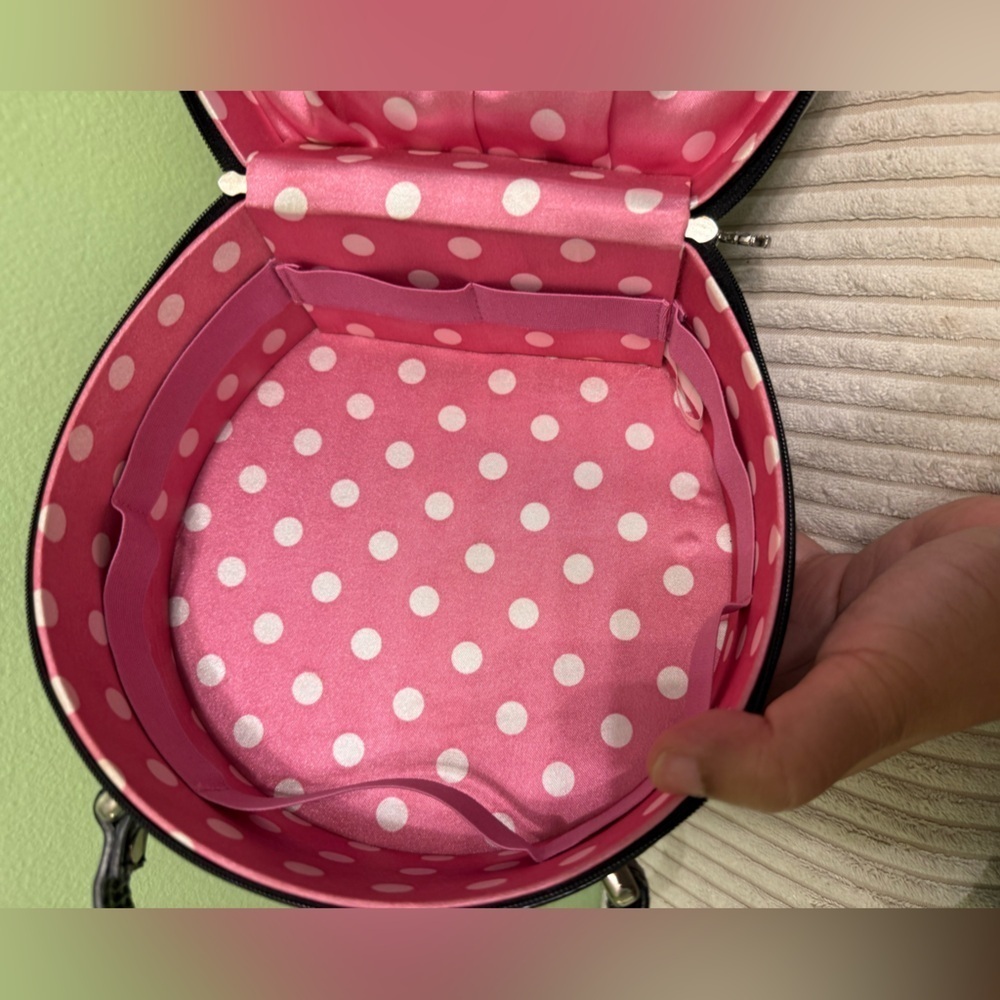 Black Round Handbag with pink silk polka dots lining